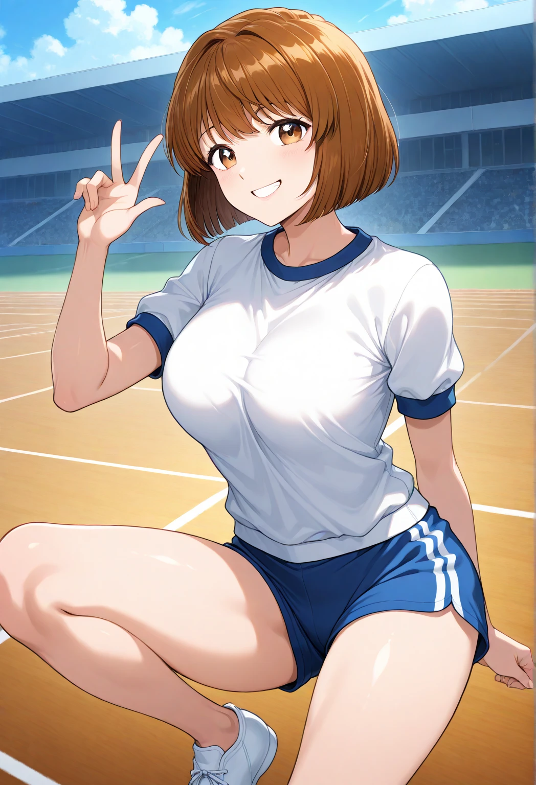 masterpiece, best quality, detailed face, detailed eyes, 1girl, <lora:HUCasey:0.5>, HUCasey, black hair, short hair, toned, medium breasts, track uniform, outdoors, park, smile,