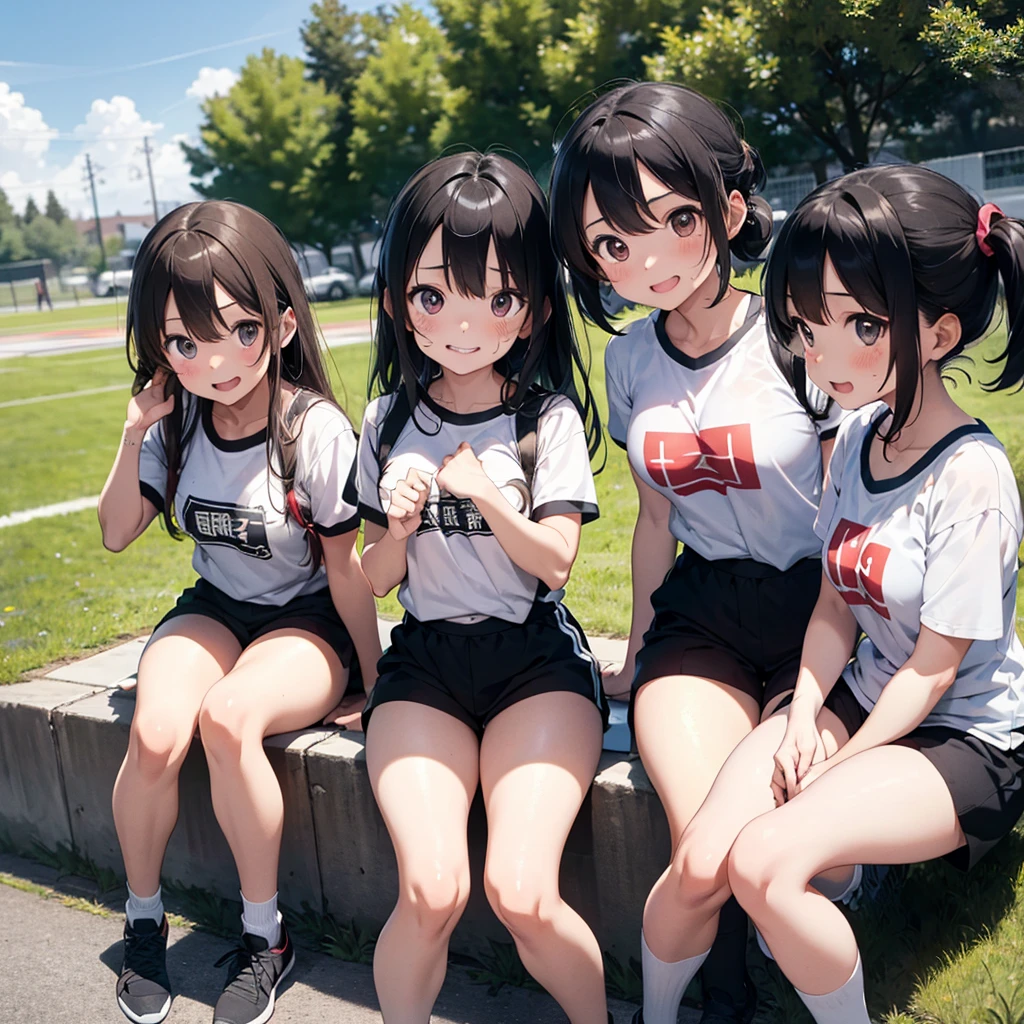 Masterpiece, beautiful slender girl, multiple girls, bus stop, unzipped shorts, pussy peek, pussy, no panties, sweat, sweatdrop, t-shirt, midriff, pussy juice, blushing, bare legs, slim, full body, sneakers, embarrassed, scared, hiding, covering mouth, thigh strap, vibrator, small breasts, peeing, pee, pee puddle, peeing, squirting, pussy juice, pee dripping down leg, pee on shoes, pee stain
