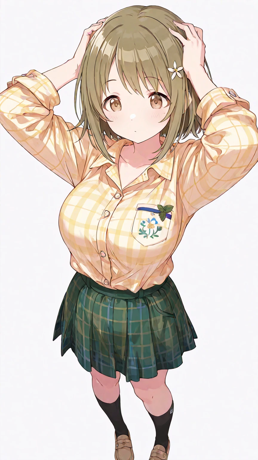 masterpiece,best quality, highres, aanene, short hair, double bun, , green bow, cardigan, pleated skirt, green skirt, white pantyhose, cowboy shot, standing, outdoors, smile, waving,