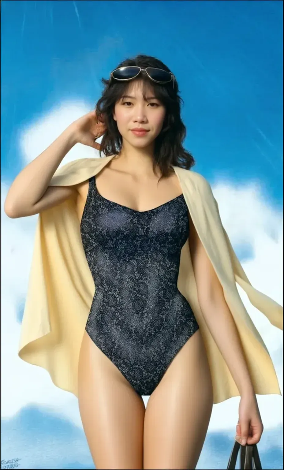 portrait of a very busty beautiful Korean German girl, wearing ultra detailed embroidery luxury golden bikini dress, tulle skirt, perfect face,perfect eyes,HD details,high details,sharp focus,studio photo,HD makeup,shimmery makeup,celebrity makeup, (( centered image)) (hd render)Studio portrait,magic, magical, fantasy, splash playing lots amount of golden leaves background,flying flower petals, beautiful fantastic flower field, fantasy theme, flower, butterfly, flying colorful, wind, wind blowing hair, butterflies, Grass, golden effect, gold theme, ,EpicArt,Nature (looking straight at the viewer:1.5), blue sky, cloud, (leaning_foraward:1.5), (showing her attractive cleavage:1.5), (seductive emotion:1.5),(((Gray background)))、(Red lipstick)、Model walking、Walking、((Thighs))、Looking from below、