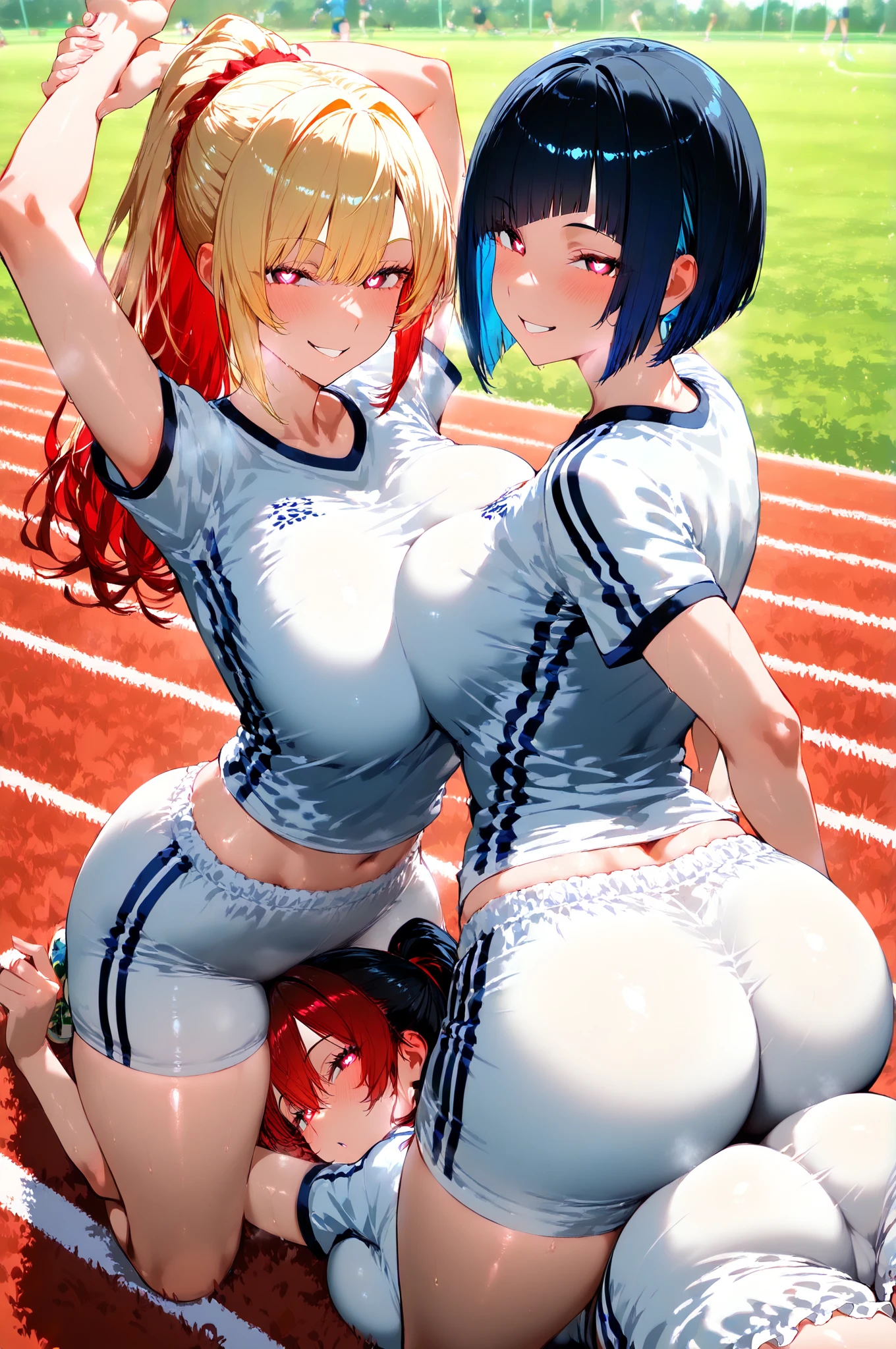 Browsing Caution,(Petite),(Crossdresser),((Penis in the crotch)),(((((Handjob))))),(Two blonde women with low pigtails),lips,Sweat,White Breath,Ecstasy face,Naughty sound effects,(((ejaculation))),Track and field uniform,Hands under penis