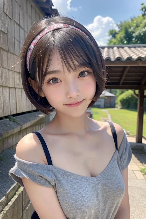 With the best image quality、Teenage girl standing in room。Black Hair Bob Hair、Cute smile.。(tiny chest)、Denim tank top、Denim panties