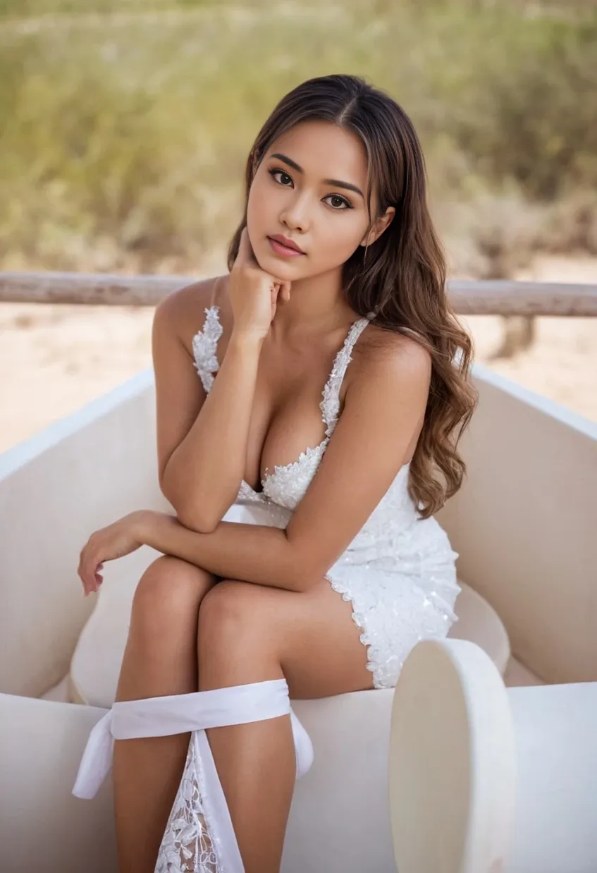 25 year old girl, Solo, long hair, big breasts, Looking at viewer, black hair, Bare shoulders, brown eyes, full body, off shoulder, white short shirt, Lips, reality, Nose, Flirting in front of the camera , Relaxed facial expression, feminine posture, flower decoration, summer outfit, peaceful atmosphere, happy atmosphere, sitting and posing in the car with the driver's door open, surreal