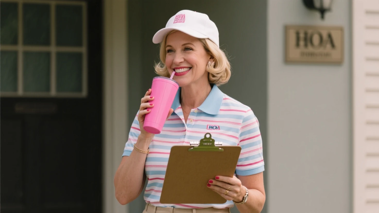 <lora:Madelyn_Stillwell:0.9> madelyn stillwell, blonde hair, realistic, shirt, smile, jewelry. She is holding bottles with milk in a office. Sign in the back says "Vought Tower"