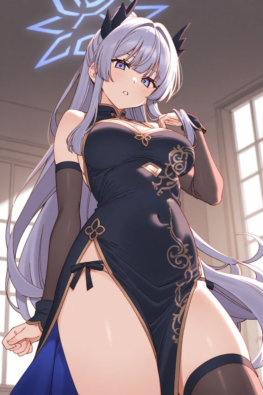 (dynamic angle:1.3, front view:1.1, breast focus:1.3, from below:1.2), (dynamic posing:1.5, sexy posing:1.2, leaning forward), (seductive smiling:1.3),(*K) HD, highest quality, Anime style beutiful woman, 1girl,fullbody, happy, (with sparkling eyes and a contagious smile:1.2), red face, closed mouth, beautiful detailed eyes, super detailed skin, backlighting, bare shoulders, black background, black dress, black gloves, silver hair, breasts, dress, earrings, fingerless gloves, floating hair, floral print, flower, gloves, gold earrings, gold hairband, hair flower, hair ornament, hairband, holding, holding two-hands weapon, jewelry, medium breasts, long hair, looking at viewer, off-shoulder dress, off shoulder,red eyes, short hair with long locks, sidelocks, solo, spikes, thighs, two-sided dress, two-sided fabric, weapon, fighting stance , face, close up, from above, highest quality, high resolution,Real World, Natural light,perfect Natural light,looking at viewer,