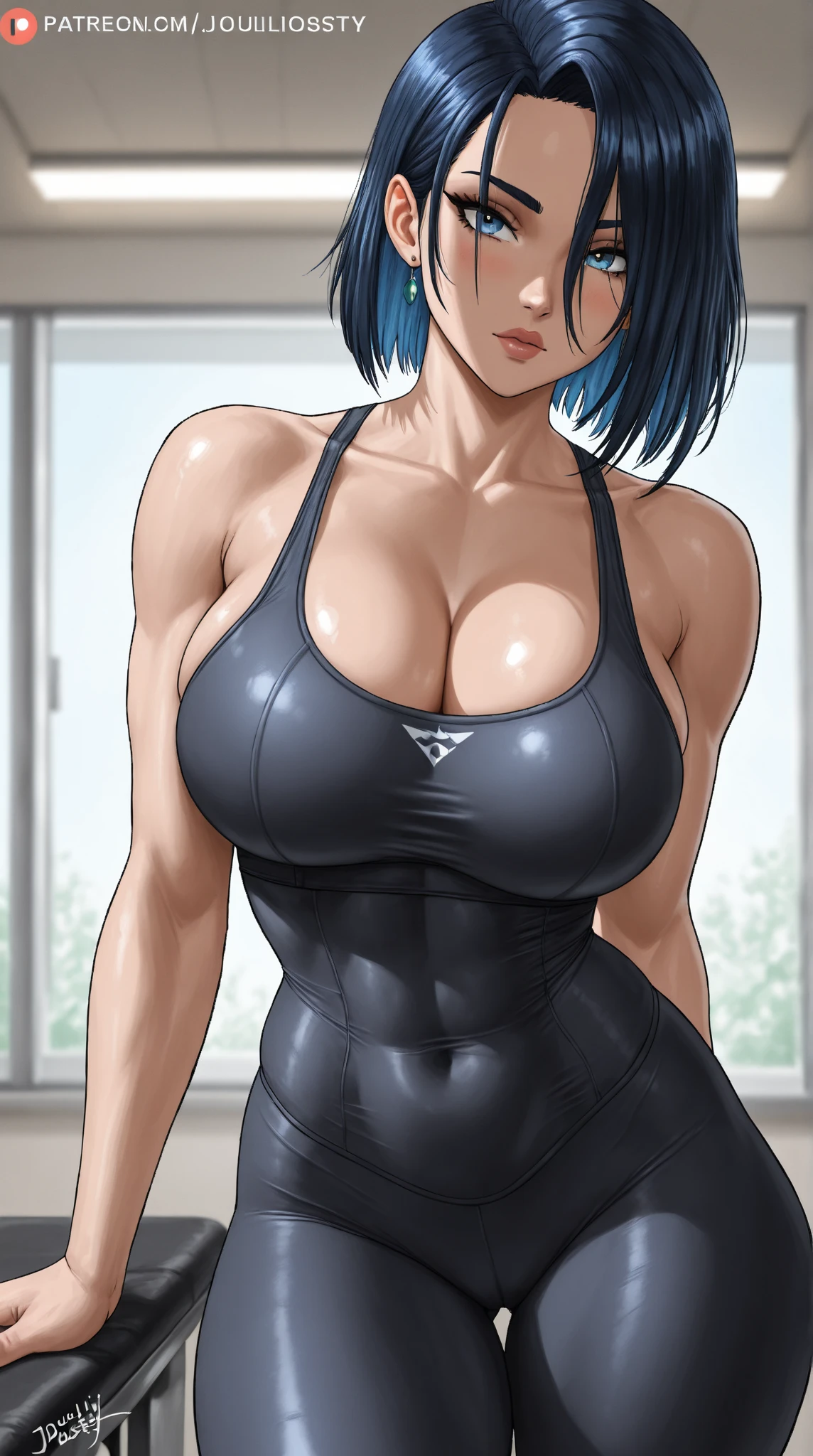 1girl, beautiful fair skin, blue eyes, short green hair, white tank top, yoga pants, medium , cleavage, large breast, dynamic poses, toned abs, cute shy smile, blushing