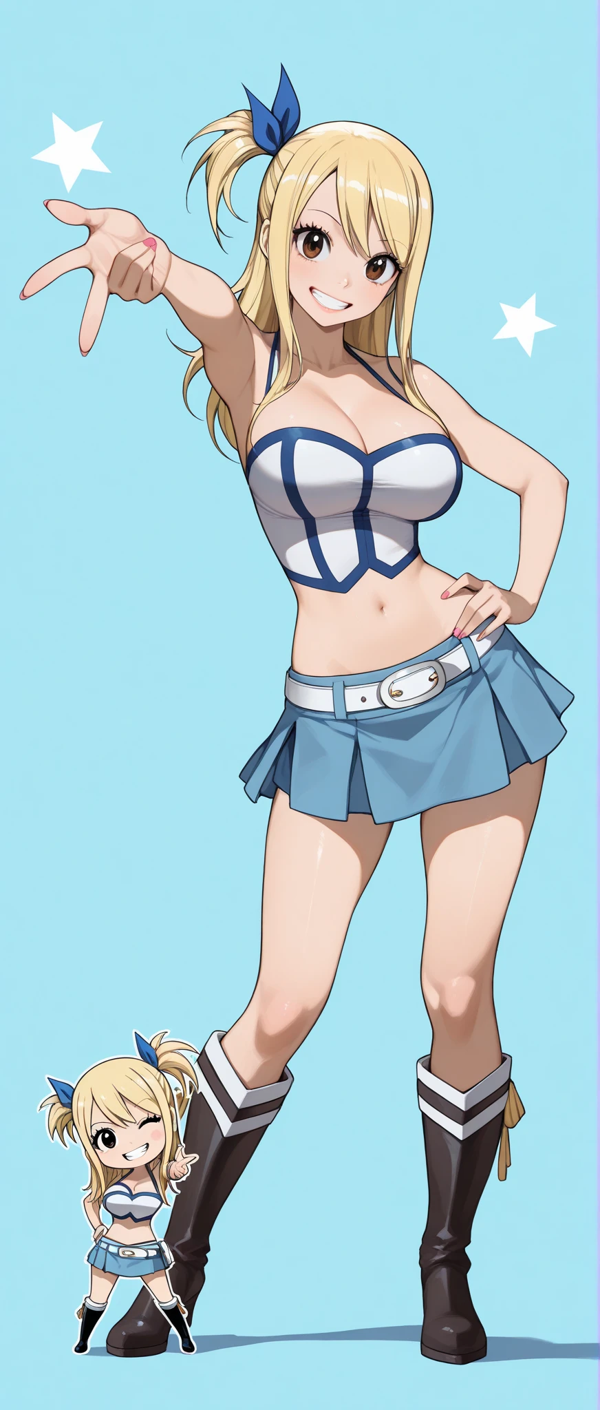 (masterpiece, best quality:1.3), ItsAjArt, 1girl, solo, looking at viewer, wide hips, mature female, closed mouth, white background, simple background, seductive smile, large breasts, cowboy shot, thick thighs, <lora:add_detail:.5>, <lora:ItsAjArt Style Lora:.85>, blonde hair, (light brown eyes), lucy heartfilia, long hair, white shirt, sleeveless, belt, blue skirt, midriff, <lora:lucy_heartfilia_v11:.8>, cleavage
