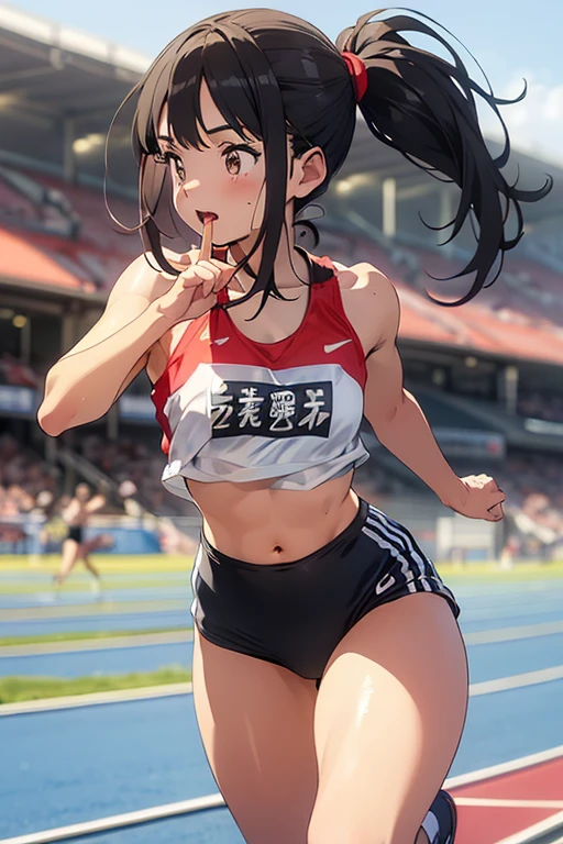 track and field athlete、arena、Beautiful woman running with all her might、backwards