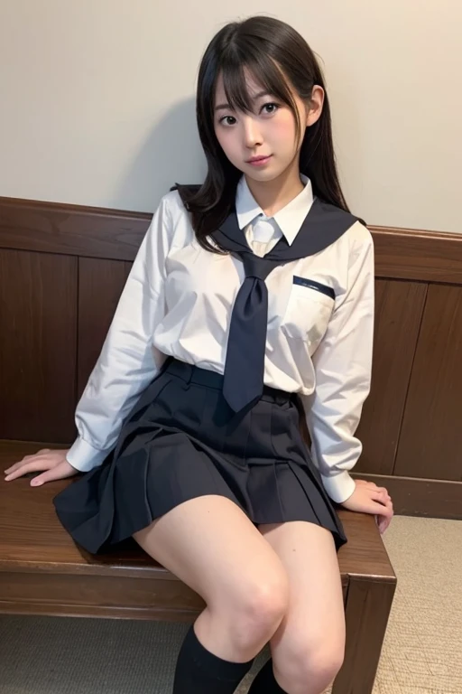 masterpieace,incredible detailed,1girl,cute,15 years old,uniform,serafuku,slender,spread legs,(((visible panties))),visible thighs,loose socks,sitting,skirt,