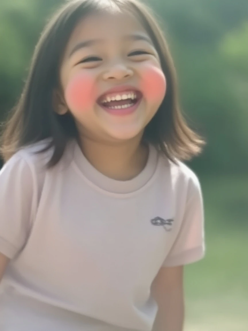 A little girl in a pink jacket stood on the street, Young Asian girl, she expressing joy, and she smiling，Very excited, and she smiling，Very happy, Happy kids, ???, joyful expressions, Chinese girl, Happy girl, Smiling girl, smiling playfully, very huge smile, Cute young girl, Children, Playful smile, 7 0 mm portrait