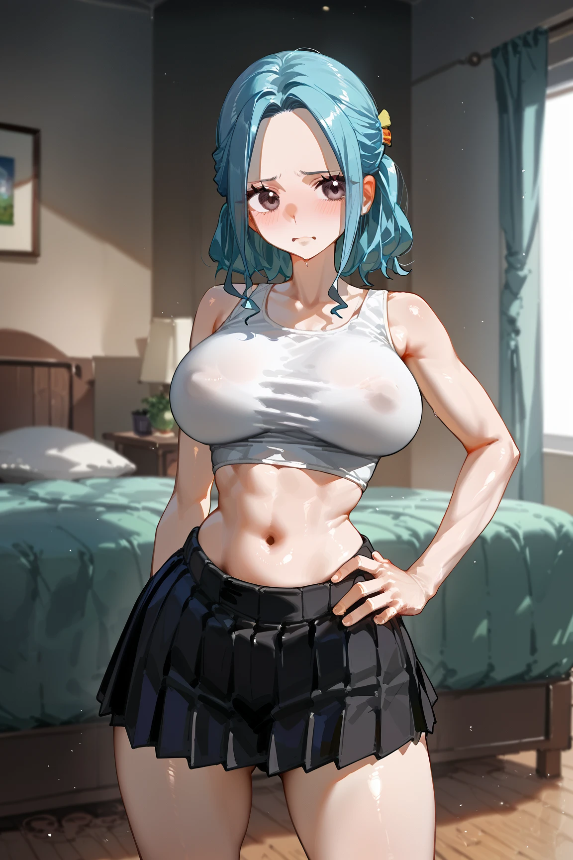 32k, masterpiece, (highly detailed, fine details), best quality, extremely detailed, perfect lighting, colorful, anime style girl, kodak 400 portrait, film grain, blurred background, bokeh:1.2, lens flare, (vibrant_color :1.2), cowboy shot, BREAK, Big breasts, tits, wearing a plaid pencil miniskirt, white t-shirt, see through clothes, black panties, slender girl, purple hair, purple eyes, long hair, ponytail hairstyle, red ribbon, hair ribbon, blush, age 20, perfect symmetry, perfect body, golden proportions, young female, Hermoso Finger, Hermoso long legs, Hermoso body, Hermoso Nose, Hermoso character design, perfect eyes, perfect face, round breasts , tits, erect nipples, skin wet, wet clothes,  BREAK, round butt, perfect buttocks, open mouth, high thighs, looking at viewer, tape,bright_Front_face_Lightinasterpiece:1.0), (Beautiful_face:1.5),(narrow_waist), BREAK in sexy pose, hand on hip , in a garden within a water fountain