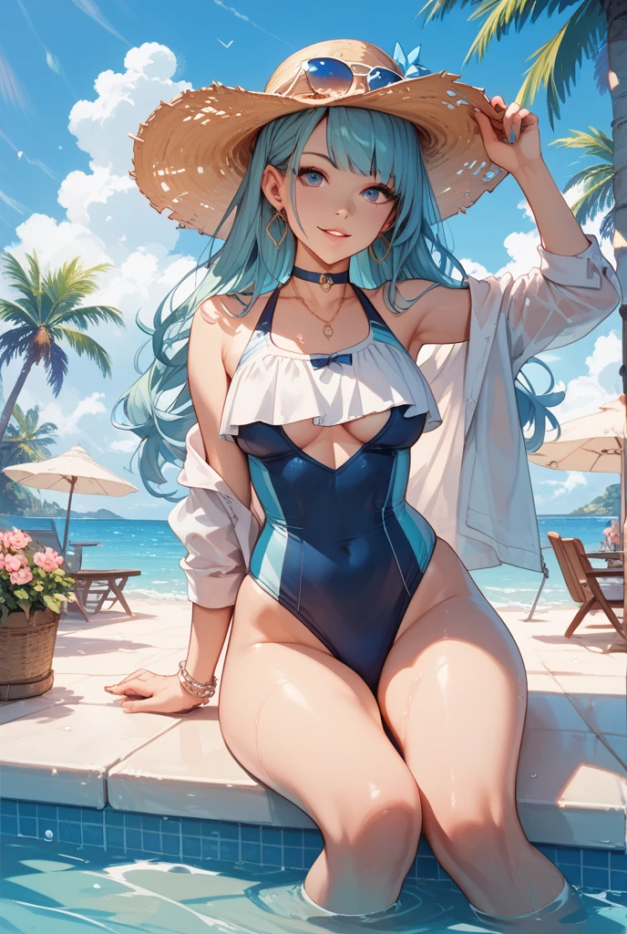 (Masterpiece) (High Detail) (High Res) A close up of A short little slim humanoid girl with pale human skin and blue eyes and long blue hair and blue dog ears and a fluffy blue dog tail and average breasts. She is sat on a tropical beach with palm trees and sand and blue seas. She is wearing a navy blue bikini top and navy blue bikini bottoms and a pair of sunglasses and a straw sunhat. She is looking over the glasses and is smirking with blushing cheeks.
