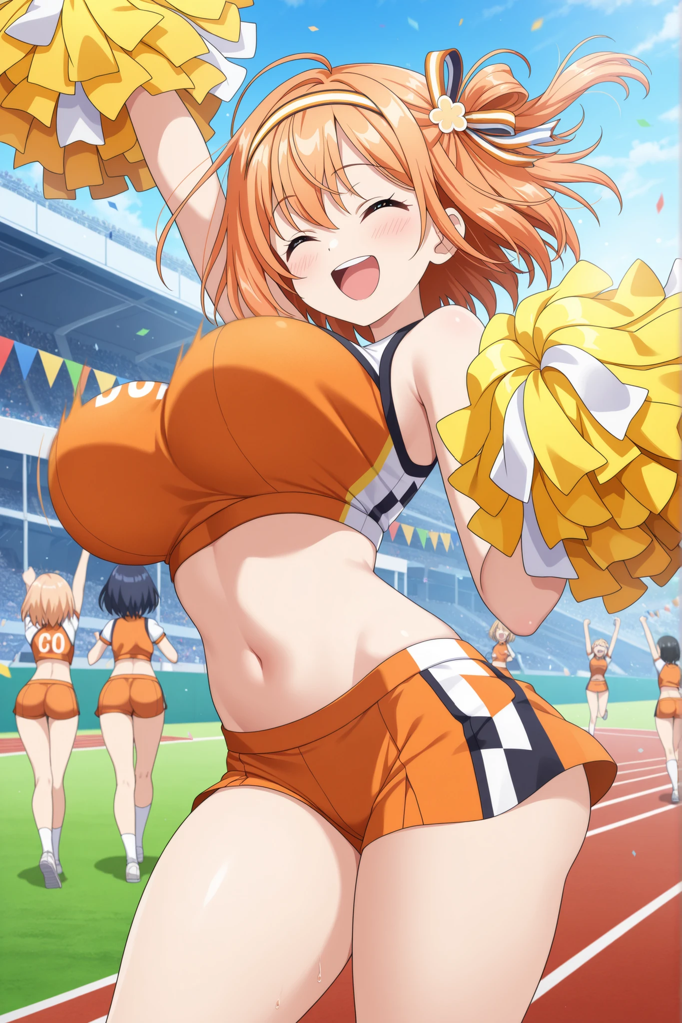 score_9, score_8_up, score_7_up, 1girl, looking at viewer, cheerleader, ponytail, ikuchan, outdoors, , small , huge thighs, nipple pasties, fishnet bra, lingerie, cheerleader skirt, ginger hair, smug, smug grin, rating:safe, sfw