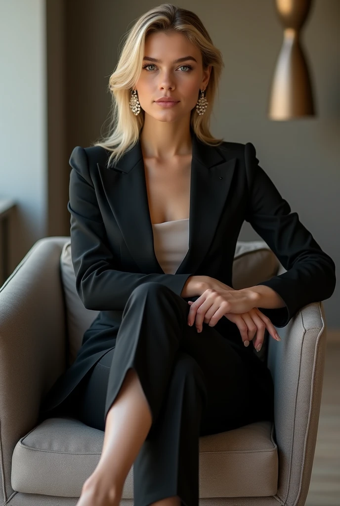 An elegant lady in a tailored black outfit, her face illuminated by the light, sitting in an armchair, Straight short platinum blonde hair, seductive look, with serious expression, love counselor