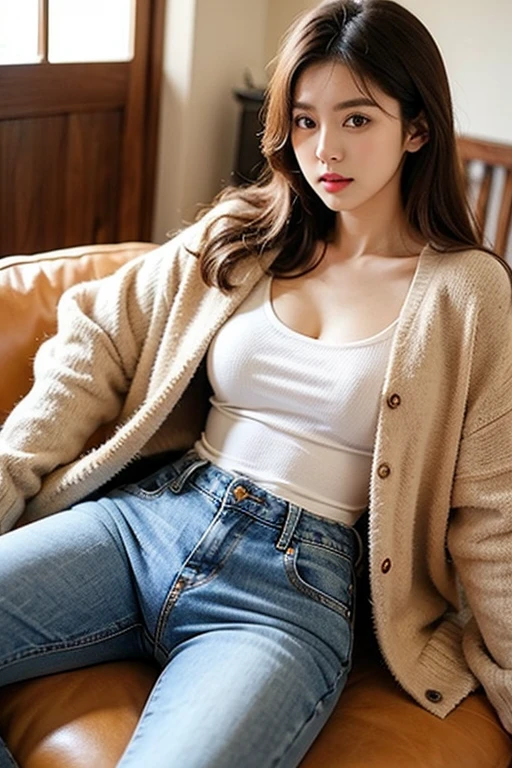 (realistic、High resolution:1.3)、1 girl with perfect figure、super thin face and eyes、short hair、hoodie:1 in random color.2、short jeans、at the cafe、coffee on the table、small breasts