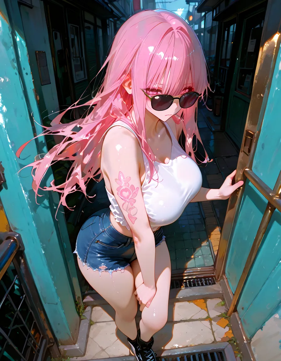 (bottomless :1.8),(nude :1.3),highest quality, masterpiece, Ultra-high resolution, (reality: 1.4), Original photo, 1 female, mature, Smile, short hair, Plump body, , Cinema Lighting, From below, morning、A female commuter waiting for a train on the station platform,Pink Hair