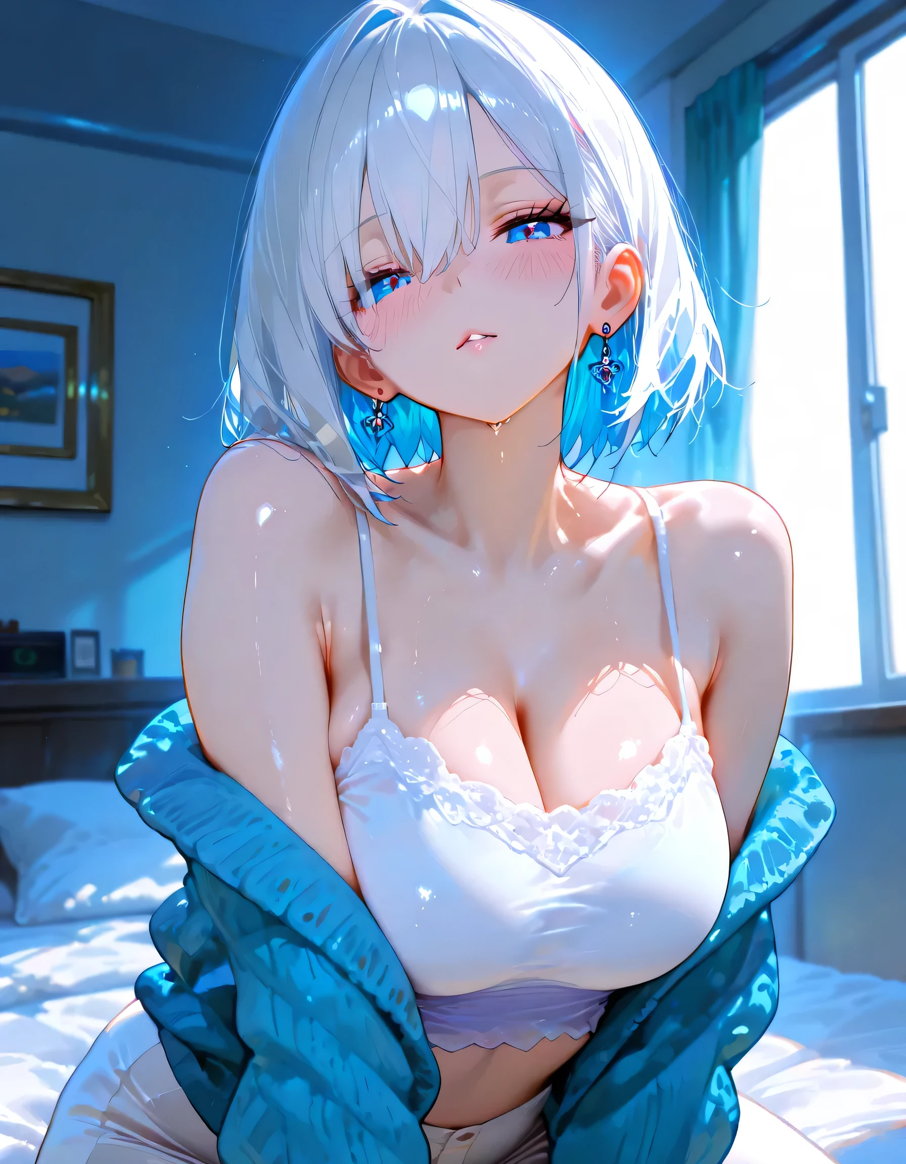 1 girl,highest quality,Super high quality,highest quality,anime characters,beautiful eyes,Detailed contours,big breasts,Just one Y-shirt,Sitting in bed,spread your legs,spread your legs,Nipples are fully visible,Exposed shoulders,Topless,messy hair,From the side,sweat all over,silver hair,short hair,