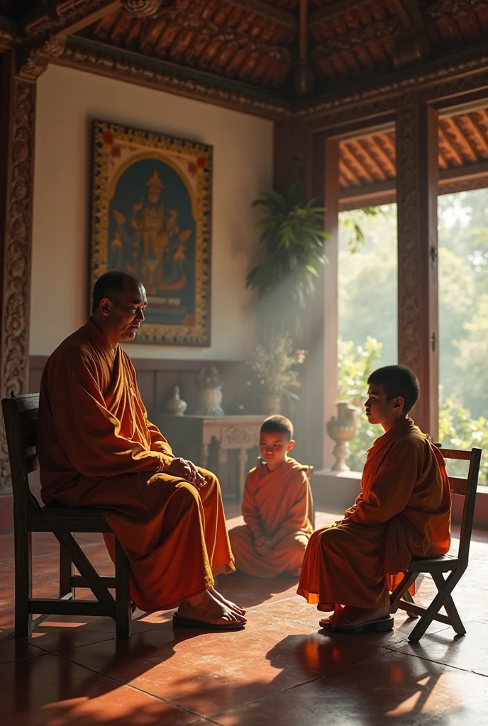 the most beautiful girl sit on a rugs waiting gives food to three handsome buddhis monks walking on the way in front of modern houses, supper realistic, so beautiful face, supper realistic