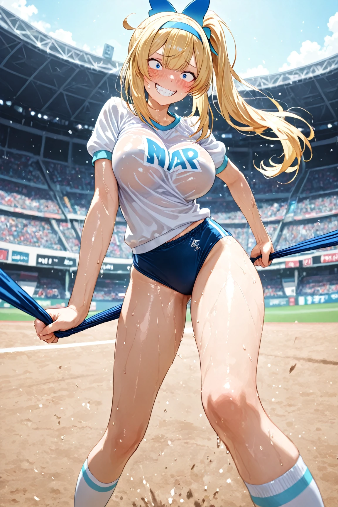 1 girl, pelo rubio, blonde hair, coletas,pigtails, pechos, breasts, huge breasts, soccer_uniform, inside soccer_field,kicking the ball, sexy, pussy, nsfw, +18,Kenzy Reeves