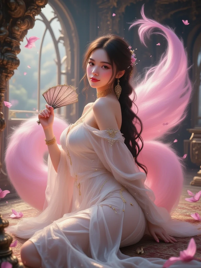 best quality,masterpiece,Ultra-high resolution,(truthfully:1.4),,The sky is full of peonies（background）,20-year-old Peony Fairy（oriental woman）,Pink shawl long hair,Cute eyes,Sexy body,Wearing a peony lace skirt,Half-reclining man reading and drinking among peonies.