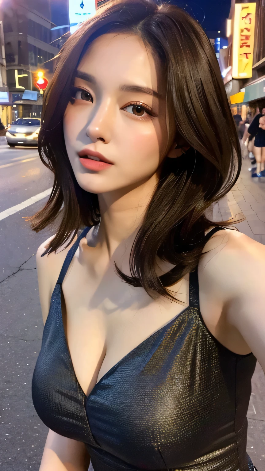 ((Realistic, Hi-Res: 1.3)), ((Girl standing alone)), Posing with emphasis on breasts, Girl in perfect shape, Very detailed face, Beautiful detailed eyes, Beautiful detailed lips, Short hair, Random color tank top: 1.2, Short jeans, Cafe, Coffee on table Description: huge breasts, exposed cleavage, realistic, cinematic lighting, highly detailed, vivid colors, intricate details, professional photographer