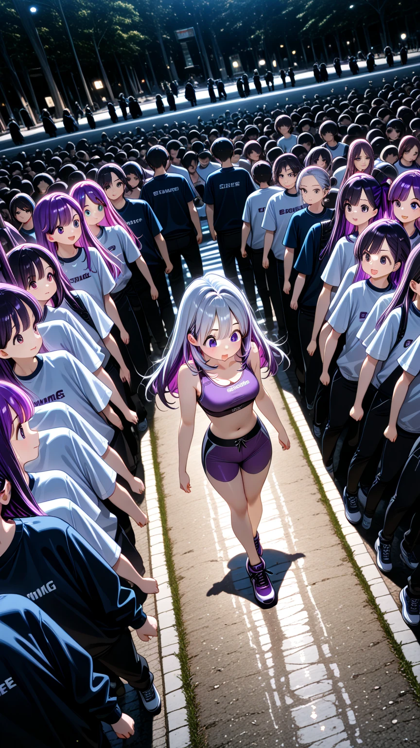 scan, (extremely detailed CG unity 8k wallpaper:1.1), highres, (thousands of, millions of, crowd of) +100girls, identical sisters, clones, doppelgangers, lady nagant, boku no hero academia, (purple hair, matching hairstyles), (multicolored hair), (purple eyes), breasts, beach, (purple bikini, matching outfit), standing in formation, in neat rows