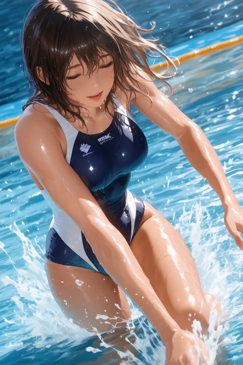 Photo of a 20 year old woman, Perfect Face, masterpiece, good, High leg competitive swimsuit、good, Dynamic Perspective、Jump into the pool、Splattering droplets、Serious face、Crouching Style、Olympic Swimming Venue、Nipple swelling、Pussy Cameltoe、View from the butt