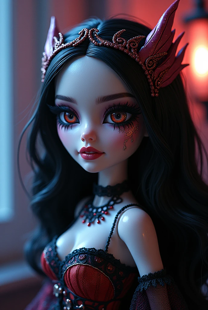A cute woman is a succubus, (she has leathery black wings, deep red lipstick, vampire fangs, deep dark eyes, razor fingernails painted red) seductive evil pose in the bedroom