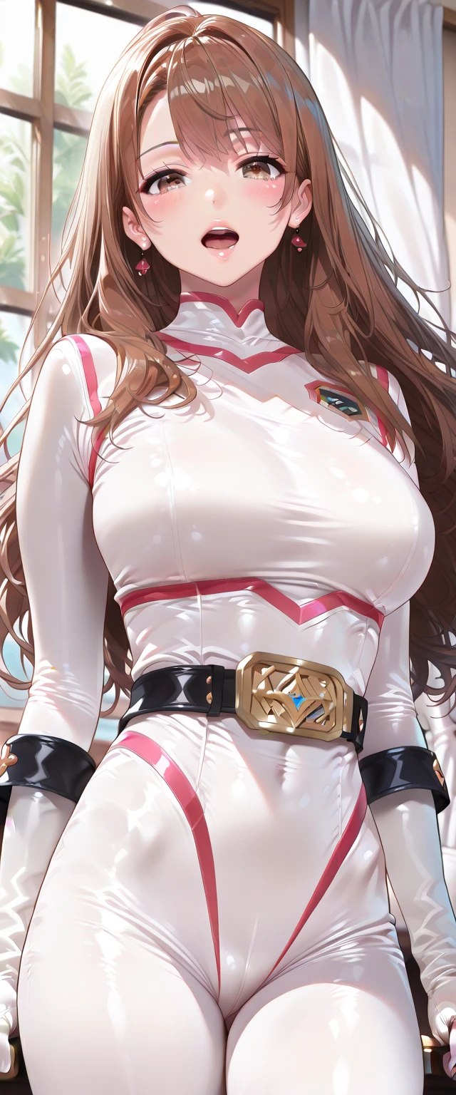 ((masterpiece)), ((high quality)), ((super detailed)), ((high resolution)), ((8k)), a beautiful woman, ((She is one of the most famous actress in Japan.)), unparalleled beauty, ((large breast:1.6)), ((large ass:1.2)), ((deep cleavage:1.2)), slim waist, chest out, ultra detailed face, perfect skin, (((waist length hair, long light brown straight hair, hime cut))), light blue eyes, ultra detailed eyes, whole body image, sexy, an inviting smile, sensual, (((anime))), ((glamorous)), sexual attraction ,23 years old, ((incredibly beautiful woman)), ((The H cup bust)), ((neat and clean.)) , (((Power Ranger))), heroine,  (((high leg leotard power suit, white line on pink colored power suit:1.4))), ((relief soldier)),  ((beautiful breasts)), beautiful legs, 8 life size, anime:1.4, wet, the most beautiful and strongest, ((charm)), ((Russian  beauty)), ((((gravure pose)))),