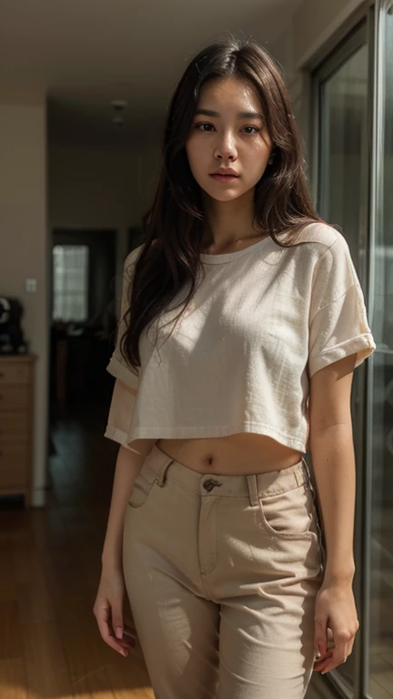woman with black hair. Mince. tee shirt blanc. with orange pants. She takes photos behind the mirror, her head is hidden by her iPhone