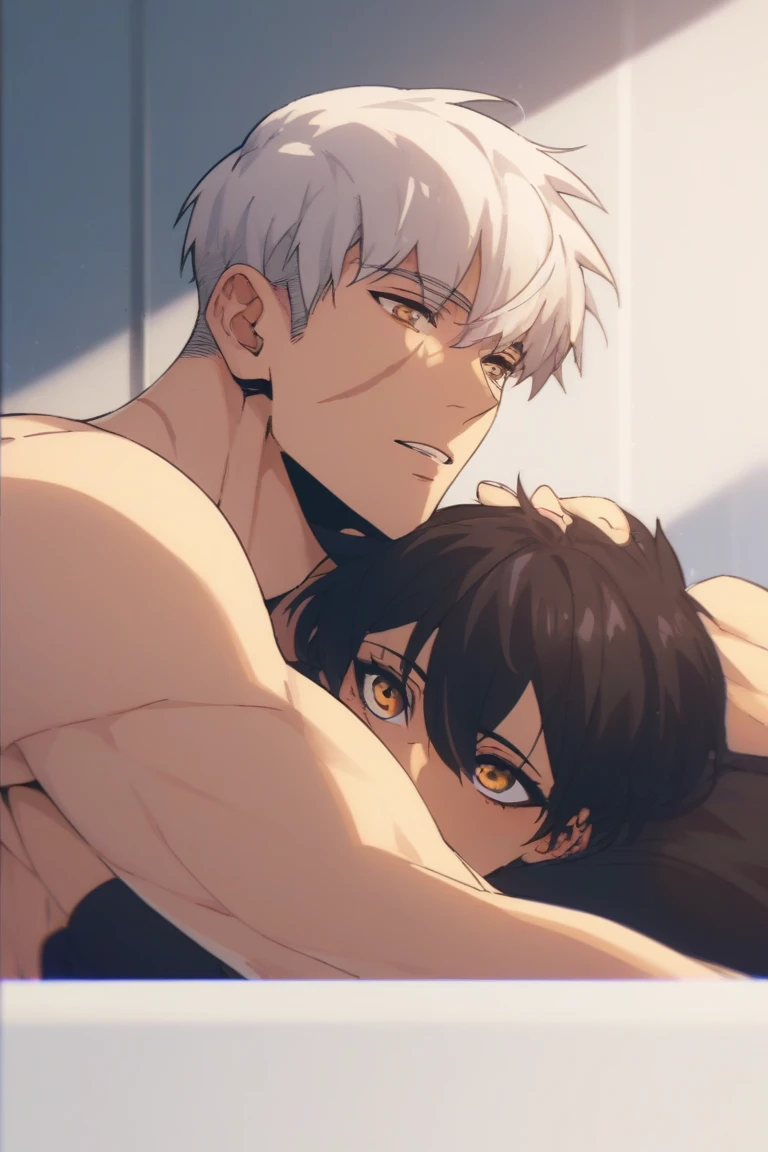 masterpiece, (best quality:1.4),gay couple,2boy, (handsome man:1.2)yaoi,male ikemen, good-looking guy, handsome boy, cool boy, thin ,slender, long hair, silver hair, bule eyes, kiss one's chest,sucking male nipple,lick all over one's nipples,lick all over one's chest,nipple pull,(sharp detail:1.1), (chromatic aberration:1.1), beautiful delicate glow, moon light,cowboy shot,dynamic angle,slender,full-face blush, steam, sweaty,NSFW