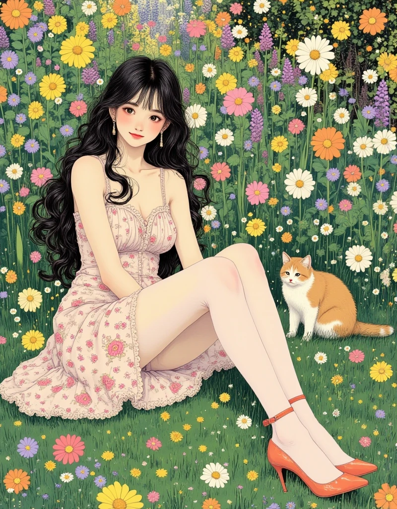 1girl,Lovely,Black long curly hair,fluffy,Chubby face,Purple dress,Pulling a suitcase,a cat,in the park,In a sea of flowers,The artwork should transition from a pencil drawing style in black and white on the left half to vibrant colors on the right half. Ensure a seamless integration between the two halves without any dividing line. The scene is identical on both sides, with the left side featuring detailed black and white pencil strokes and the right side filled with colors, creating a harmonious blend across the image.