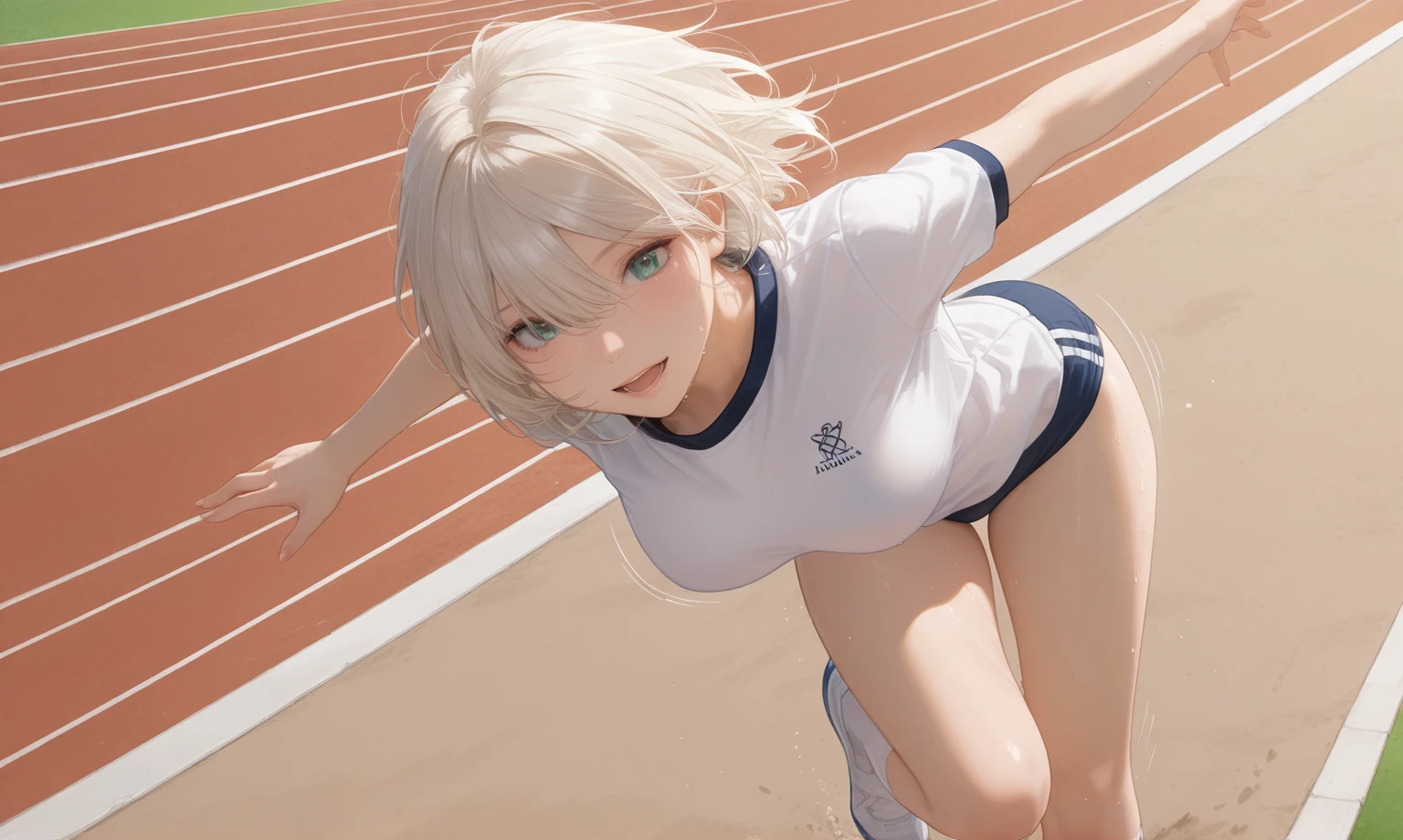 (((masterpiece))),(((High resolution)))、(((8K quality)))、(((Perfect Face)))、((Top quality eyes)), One Girl elf、24-years-old、Best Bust、Large Breasts、Beautiful Eyes、hot white hair, ((Very long Hair))、blue eyes, Paris Olympics、track-and-field arena、track and field athlete, Track and field uniform, wet body, Serious expression、blush、Sweat、back shot、Ass Focus、sexy pose, bewitching pose, arched back, On all fours, I&#39;m stretching、bottom up, stick out butt, 