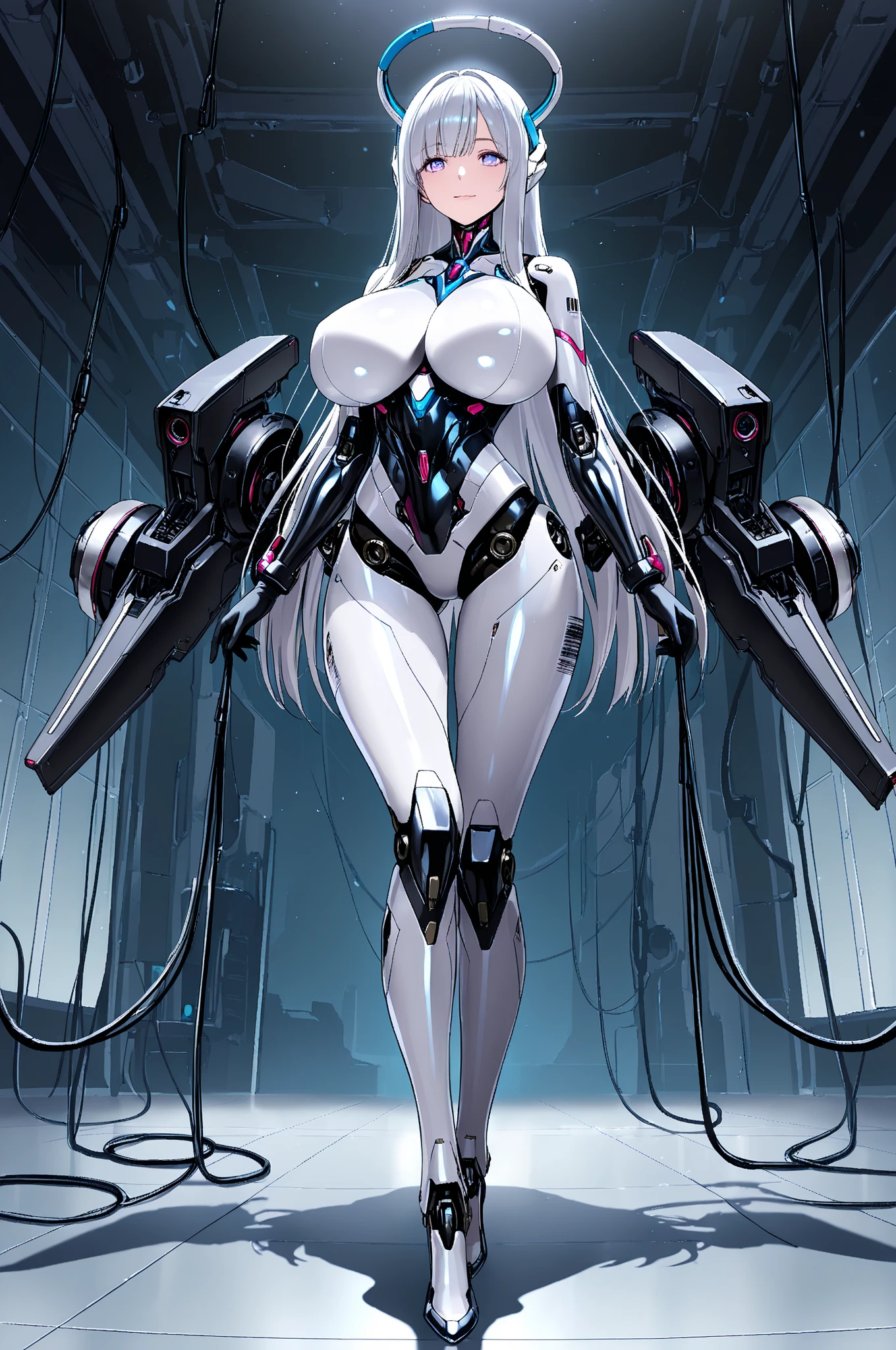 (((Masterpiece)))), (((highest quality)))), ((Ultra Definition)), (Very Detailed Photoreality), ((Very Delicate and Beautiful)), (Delicate and Pretty Face), Cinematic Light, (((1 Girl)), Solo, Full Body, Big, Cleavage Is Visible Skin, White Hair, Purple Eyes, Glowing Eyes, Thighs Exposed Skin, (Mechanical Joints: 1.4), (Mechanical Limbs)), ( blood vessels connected to tubes), (((mechanical vertebrae attached to the back)), ((cervical vertebrae of the machine) attached to the neck)), ((sitting)), expressionless, (wires and cables attached to the head and body: 1.5), (character focus), small LED lamps on the body, Ghost in the Shell, sci-fi, metal, metallic body, detailed neon, hydraulic cylinder