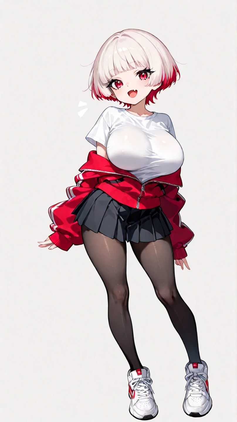 image is a large anime girl wearing a very short skirt and top, 1girl, breasts, solo, panties, underwear, looking at viewer, black panties, large breasts, skirt, cleavage, bow, thighs, clothes lift, red eyes, red hair, red skirt, bangs, skirt lift, ass visible through thighs, long sleeves, bowtie, lifted by self, red bow