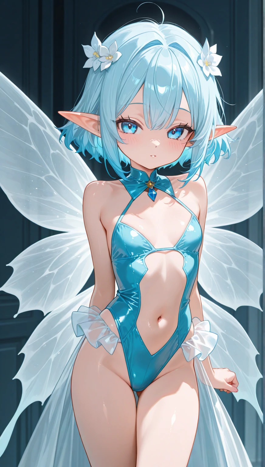 Delicate curvaceous sultry slutty fairy, kneeling with body sideview to camera in a tranquil atmosphere, her sky-blue messy pixie cut and matching sky-blue eyeshadow radiating an ethereal glow. Sapphire blue eyes sparkle with vulnerability as she gazes directly at the camera. Her massive breasts, tiny waist, and curvaceous thighs are accentuated by the sheer white and blue tiny nightgown, hemline of nightgown is very short. Glowing blue lipstick adds a mesmerizing touch to her round feminine face, pair of fairy wings on back. Soft focus and warm tones create a serene mood, emphasizing her natural beauty.