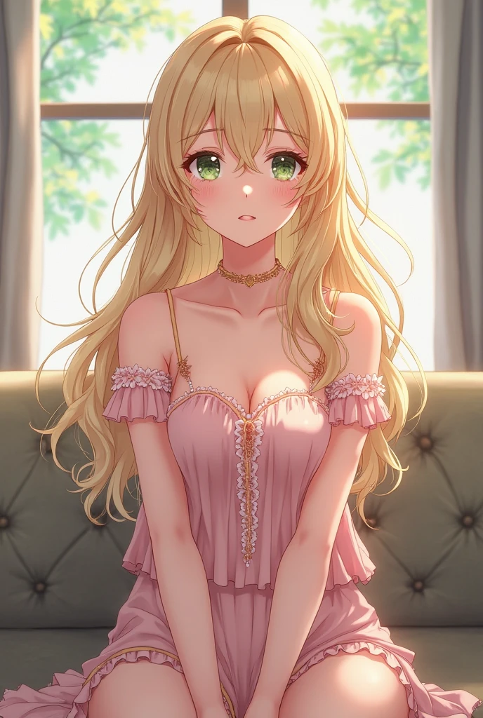 1girl, checkered, necklace, cleavage, jewelry, long_hair, breasts, checkered_floor, window, solo, dress, bow, medium_breasts, frills, indoors, looking_at_viewer, flower, collarbone, smile, chair, curtains, rose, red_eyes, gem, eyebrows_visible_through_hair, pendant, bangs, brown_hair, sitting, frilled_dress, blush, argyle, pink_dress, chess_piece, heterochromia, tiara, blonde_hair <lora:style_MISSILE228:1>