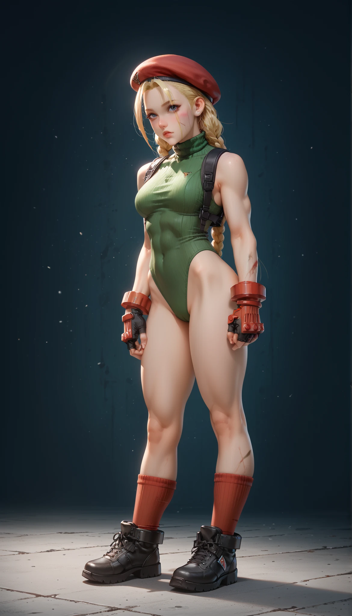 Stylized, full-body illustration of a female cally character in a dynamic pose. She has light skin and long blonde hair styled in two braids. She is wearing a red beret, red fingerless gloves, a green leotard with camouflage patterns, and black combat boots. Her facial expression is determined, with blue eyes and a slight frown. The background is plain white, making the character the focal point of the image.anime, anatomicamente correto, super detalhado, alta qualidade, 4K, anatomicamente correto, altos detalhes, superdetalhado, 4K