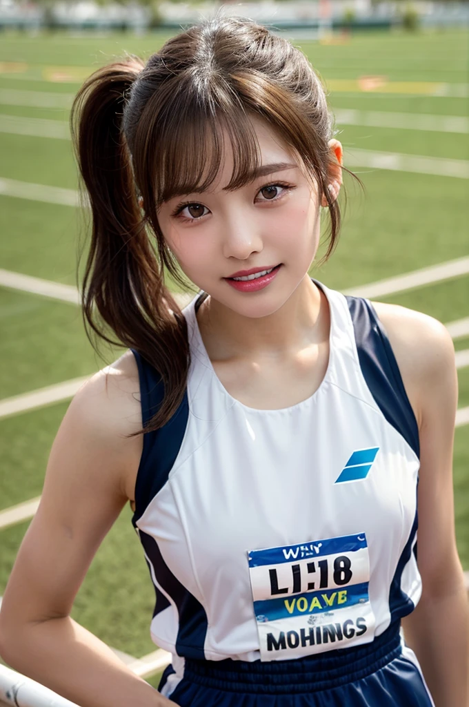 high quality,High resolution,16k,Sharp lines,1 girl,Female track and field athlete ,Cute Face,Large Breasts, Beautiful legs,Athletics Stadium, Beautiful face in every detail,Detailed clothing,Beautiful Eyes,nice,14-year-old girl、(((Belly button)))、Track and field uniform,Tank top,whole body,ponytail,bangs