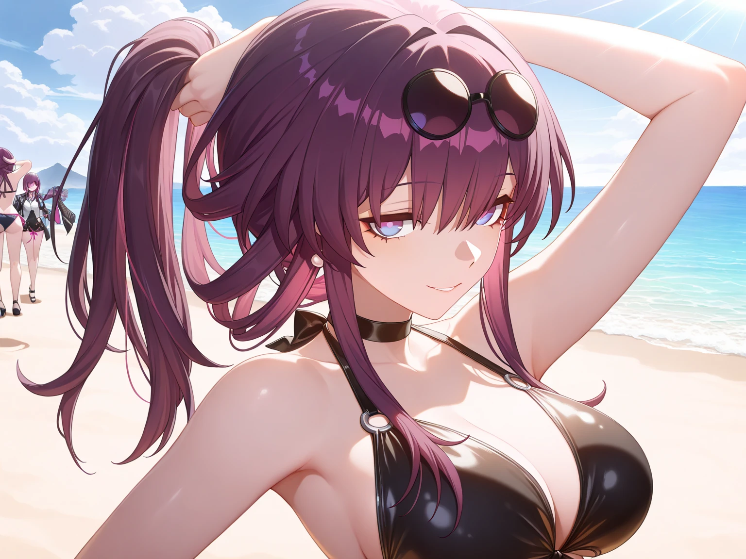 masterpiece, best quality, detailed background, 1girl, medium breasts, black swimsuit, black bikini, pale skin, demon horns, purple hair, messy hair, light smile, lying, from side, beach, sea