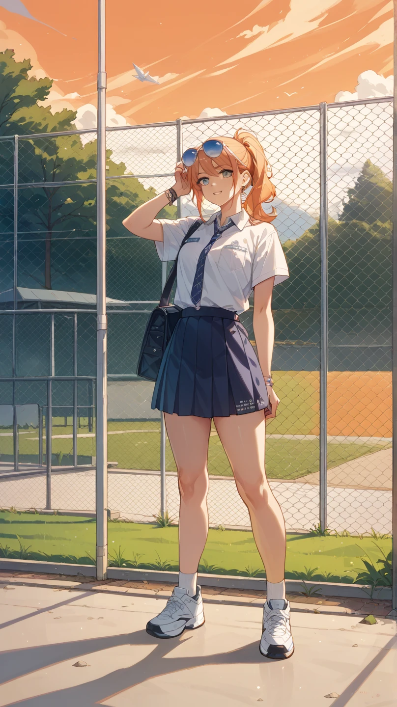 masterpiece, best quality, <lora:EPfeJade-06:0.7>, EPfeJade, blonde hair, very long hair, large breasts, ponytail, full body, locker room, dusk, claw pose, hip cutout, rolled skirt, baseball cap, sparkling eyes