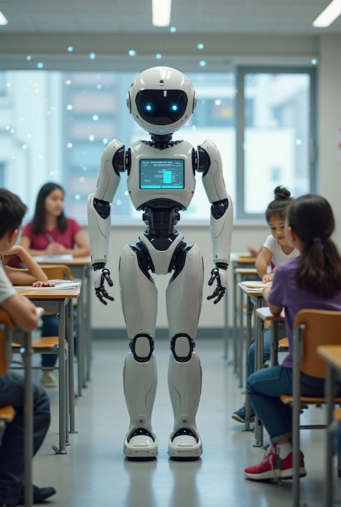 Illustrate a futuristic robot teaching children in a classroom about energy conservation and renewable sources. The background is a modern classroom with solar panels on the roof, and the robot uses interactive holograms to engage the students. The children are attentive and excited.