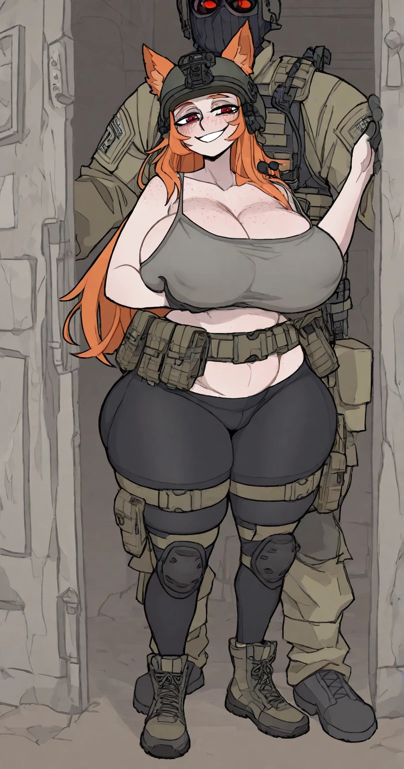 One female brown ponytail, brown eyes, large chest, long socks, Curvy. Standing in front doorway of house. (Solo), (alone) huge tits nipples pussy naked gas mask