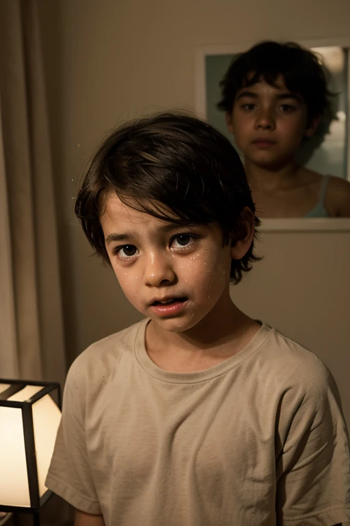 Visualize a lonely boy, sentado em um local tranquilo, with slumped shoulders, distant look and melancholy expression, refletindo sobre os desafios da vida.