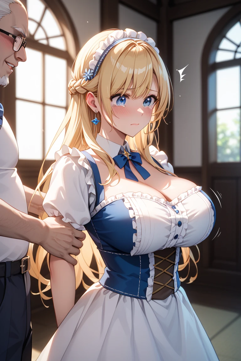ultra detailed anime,hyperrealistic anime style,beautiful adult woman,standing man head out of frame,black pleated skirt,off-the -shoulder blouse,jacket,gyaru,teary,blonde hair,side ponytail,earring,necklace,bracelet,tanline,(blowjob),woman sitting in front of man ,in back alley,from side,(sucking man’s penis hardly),curvy woman,in heat,