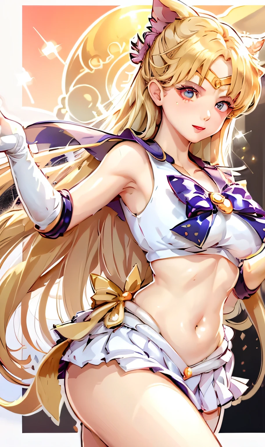 high-level image quality、rialistic photo、Beautiful facial features、beautiful thigh、Ultra mini skirt、sailorvenus、poneyTail、a close up of a woman in a costume posing for a picture, Anime girl cosplay, Sailor Moon Style, Anime Cosplay, Beautiful armpits、Beautiful navel、Sailor Moon!! Beautiful, cosplay foto, publicity cosplay, Cosplay, Ayaka Cosplay, Orange halo around her head, Inspired by Yang J