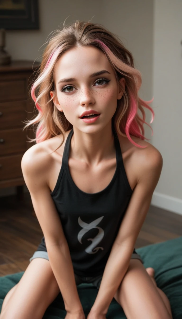 woman, Avril Lavigne, long blonde hair, pink streak, black mascara, chemise, skater clothes, beautiful detailed eyes, beautiful detailed lips, extremely detailed face, long eyelashes, (best quality,4k,8k,highres,masterpiece:1.2),ultra-detailed,(realistic,photorealistic,photo-realistic:1.37),portrait,fashion,stylish,cozy,warm colors,soft lighting,natural lighting,skatepark