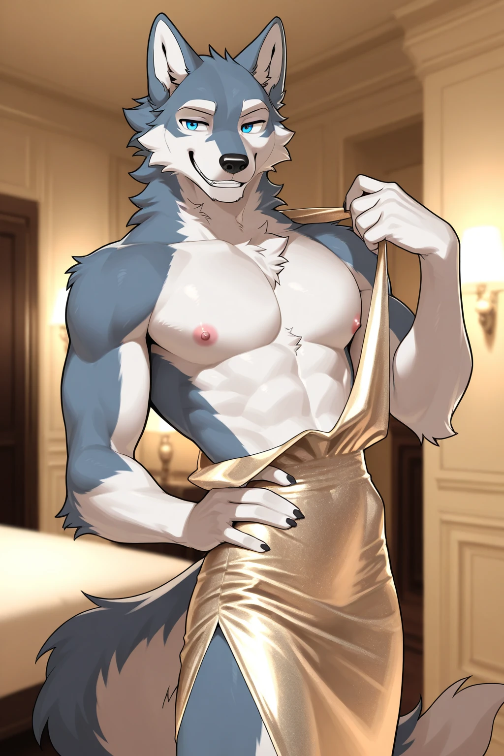 male, German Shepherd, hairy, Smile,blush,White loincloth, neutral, Dynamic Lighting,Crotch bulge, illustration, beautiful, particle (high quality,4K,8k,high resolution,masterpiece:1.2), Extremely detailed, impressionism:rich and colorful,