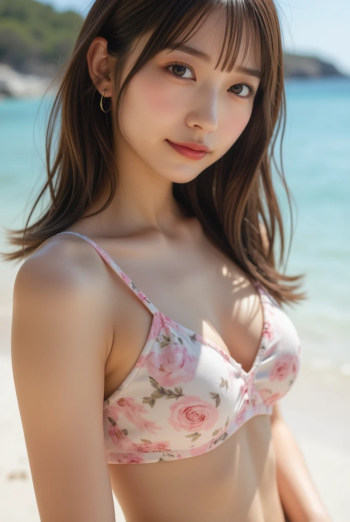 pieces fly、masterpiece、highest quality、Super detailed、High resolution、High resolution、8K portrait、Unity 8k壁紙、Detailed CG、unity 8k wallpaper、Detailed CGユニティ8kの壁紙、realistic、real person、portrait photography、shiny skin、(cute:1.4)、（25 years old:1.2）、High resolution、beautiful clear eyes、very detailed explanation、delicate face、nice lips、thin waist、thin legs、1 girl、(smile)、(beach)、(small breasts:1.4)、(floral bikini:1.2)、(take a pose:1.2)