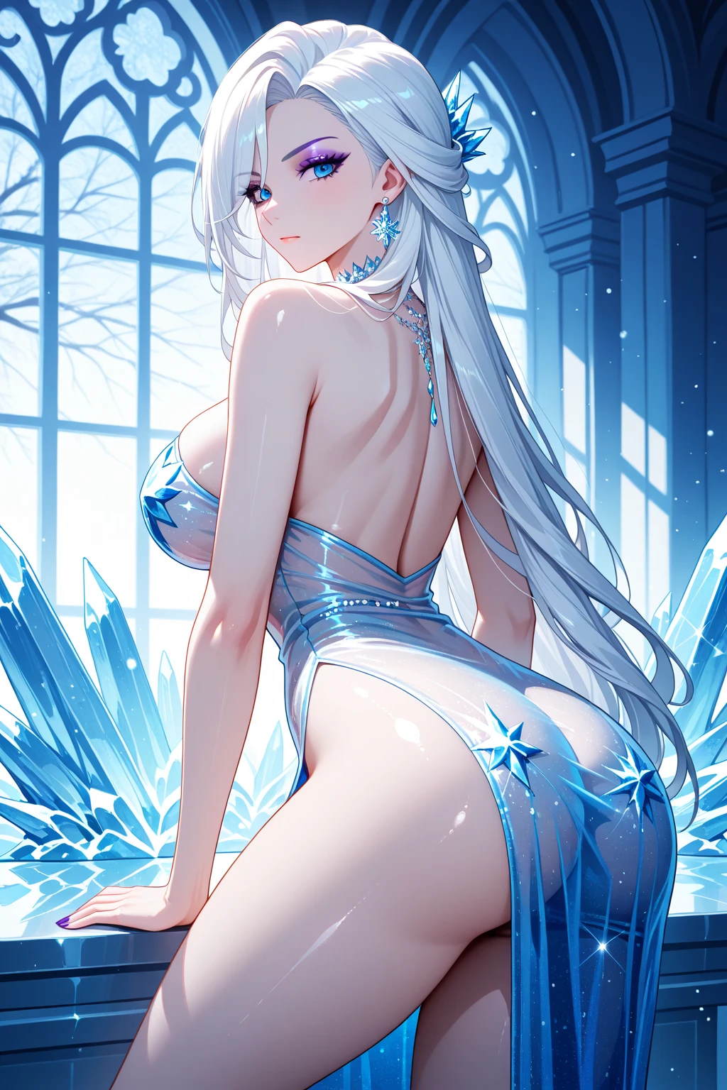 (Paradise in Heaven), White lighting,(muste piece), (best quality), (cinematic), 8K, (art station),(長いwhite hairとSilvery eyesを持つ1人の女), (beautiful delicate face)、[Frozen trees々], [landscape crystal], [lighting], [Ethereal Atmosphere:1.1], [fantasy, short story] ,[soft なlighting] 、(+cinematic shot:1.2)、 [+art station] 、[+luminous white background] 、 [soft glow] 、(Creative and dynamic angles:1.3), [+Crystal Toning] 、muste piece, very detailed, Super detailed, solo, (pale skin), Silvery eyes, white hair, (snow background), (snowflake rosen flower:1.5), (shining crystal), (Snowy ground), (White lashes), sexy woman、dreamy and detailed, Gorgeous setting, 妖しい雰囲気 muste piece, The most beautiful scenes, majestic、(((full of white flowers)))、quiet and serene atmosphere、attractive, all white tones,Inside the crystal library,Transparent flowers and falling snow，Many white roses are planted,(water flowing,waterfall,water bloom),The decoration is also carefully done.,dream（very detailedです，creative design，crisp and precise lines，K HD，best quality，master piece，超High resolution，In 4K）、Diverse poses、((beautiful white flower hair ornament))、beautiful hairstyle、(best quality, In 4K, 8K, High resolution, muste piece:1.2), Super detailed, detailed expression, graceful posture, expressive brush strokes, mysterious atmosphere, artistic interpretation,Delicate floral jewelry， (((Detailed design、Beautiful transparent dress made of thin fabric、Sheer mini dress that shows off your skin)))、(SFW:1.5), (oversized breasts, best body proportions, proportions of large breasts,:1.5)